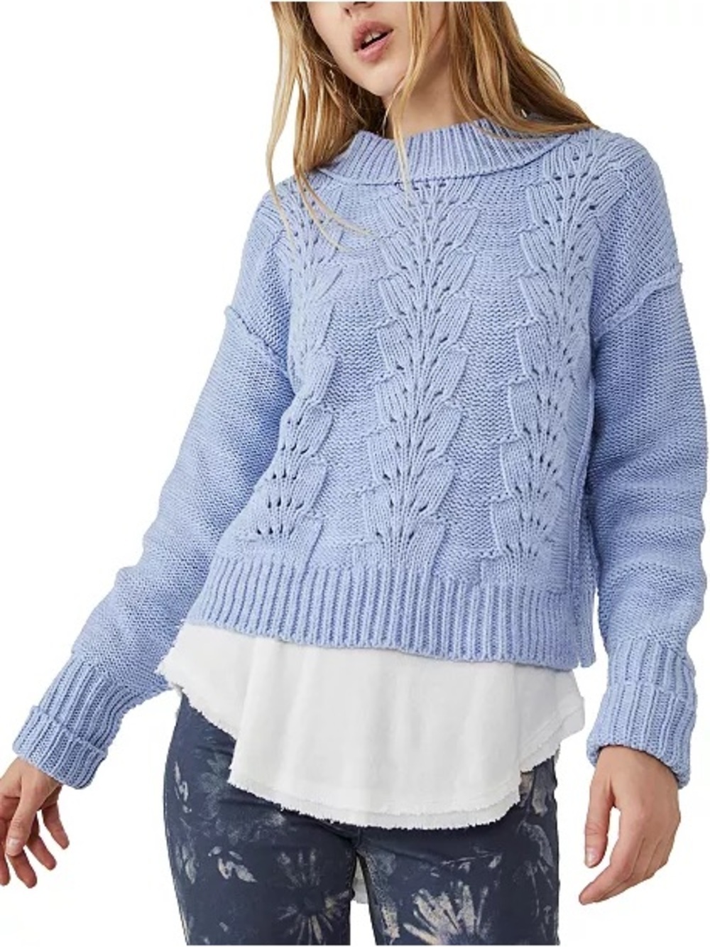 Free People Bell Song Texture-Knit Sweater Vintage Blue Periwinkle Medium